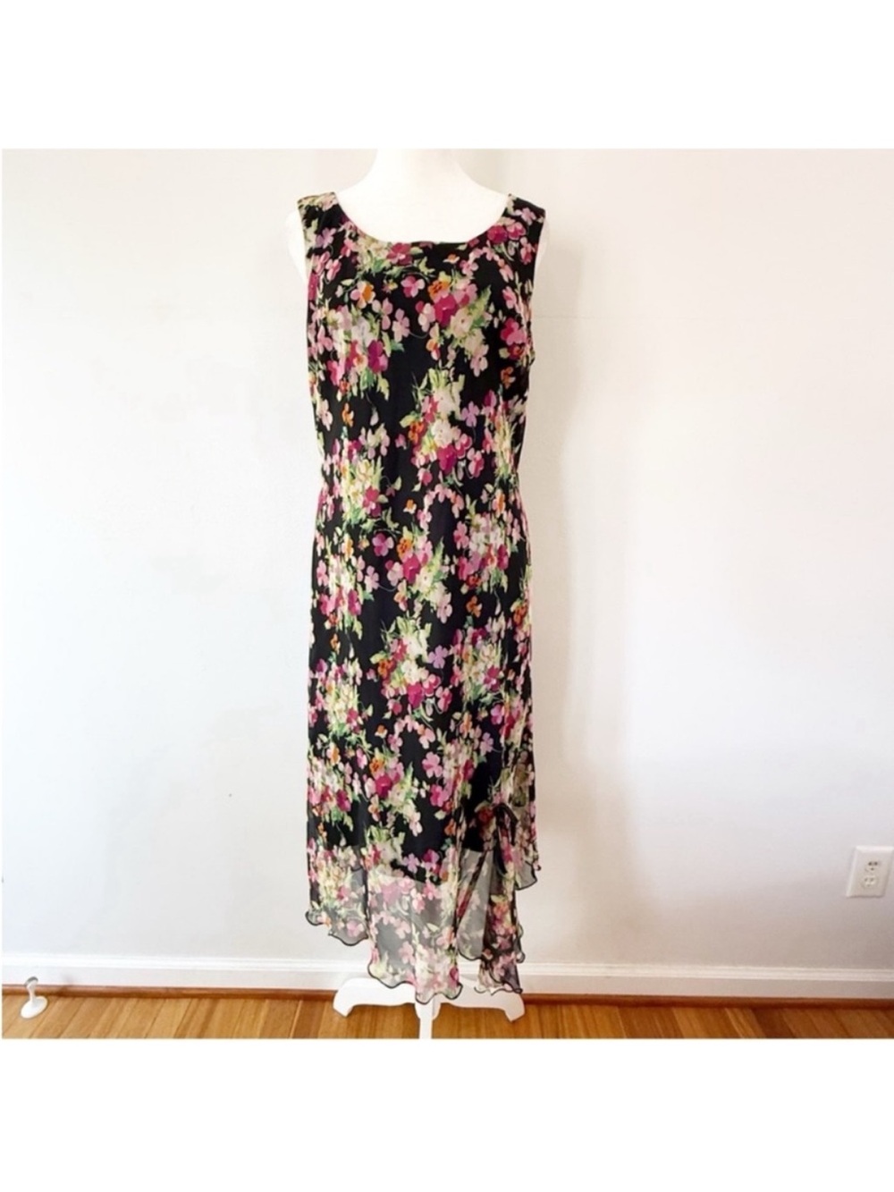 Vintage Women Y2K Sheer Floral Asymmetrical Dress Sz 8 Fairy Garden Romantic